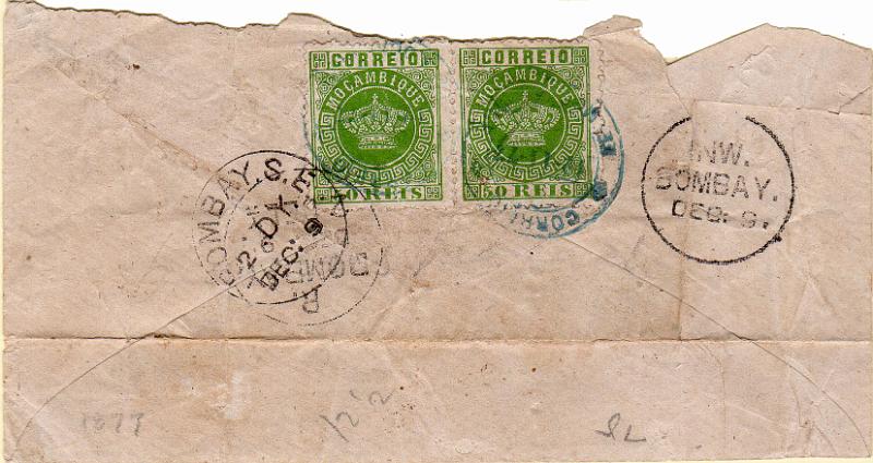 1546 v.jpg -     Lote:    1546 (verso)                   Descrição:         1876 &mdash; Tipo Coroa. CE6, 50 reis verde, denteado 12 &frac12;. Par de selos em sobrescrito circulado de Moçambique (12.11.77) para Bombaim (09.12.77). Sobrescrito com defeitos, porém os selos estão impecáveis. MB e MR.        Carta       Valor Base:     &euro; 1500,00     Valor Venda:     &euro;      
